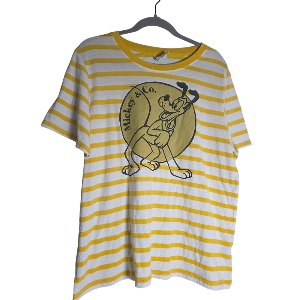 Y2K Mickey & Co Pluto Shirt Adult XL Yellow Stripe T-Shirt Disney Parks Casual